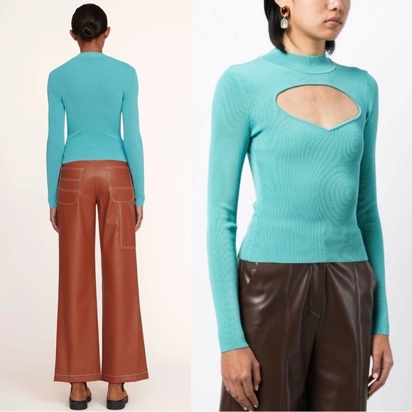 STAUD 90s Turquoise Rib Knit Mockneck Heart Cutout Long Sleeve Slim Fit Top XS - Picture 5 of 12